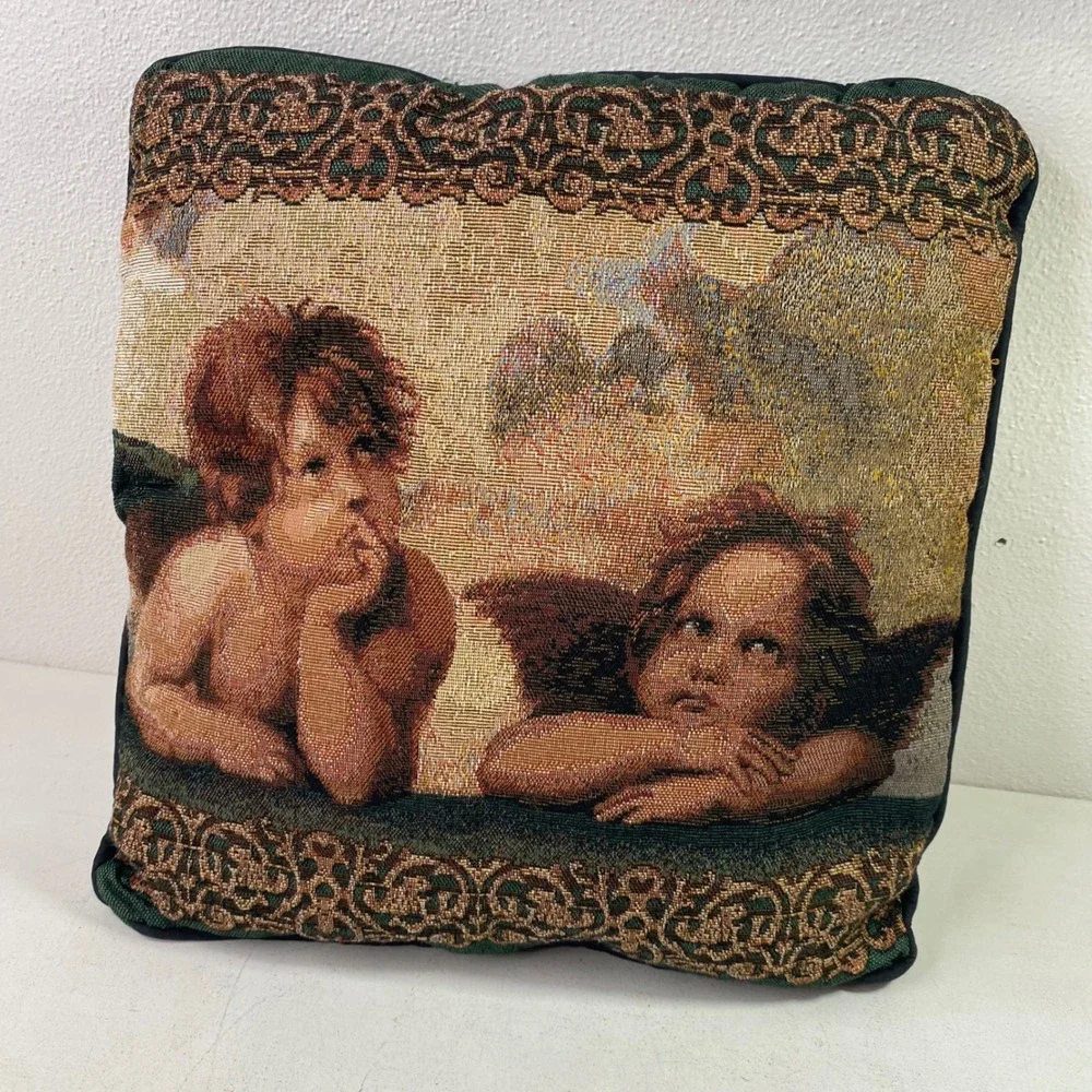 Vintage Raphael Cherubs Tapestry Throw Pillow Sistine Madonna Angels Green 15x15